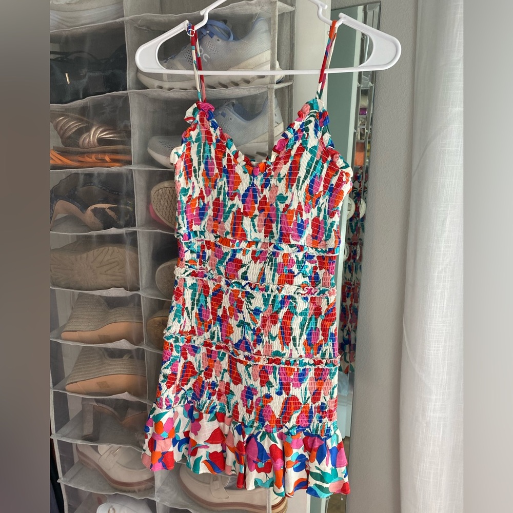 Multicolor Flower Pattern Ruched Mini Dress, Ruffle Details, Adjustable Straps